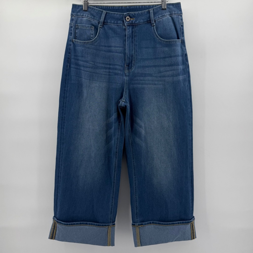Halara Wide Leg Jeans Women L Petite Blue Cuffed High Rise Stretch Denim
